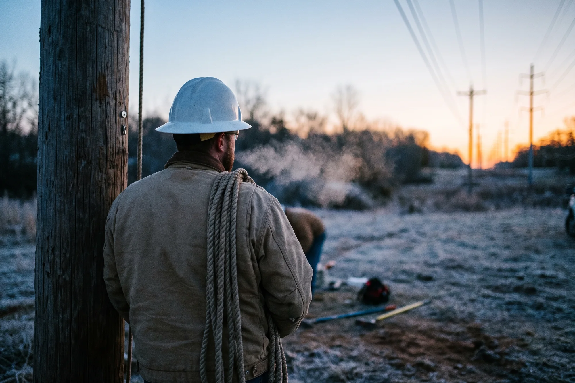 A lineman seen from behind at dawn, white hard hat and canvas jacket, at the foot of a wooden utility pole with rope over his shoulder.